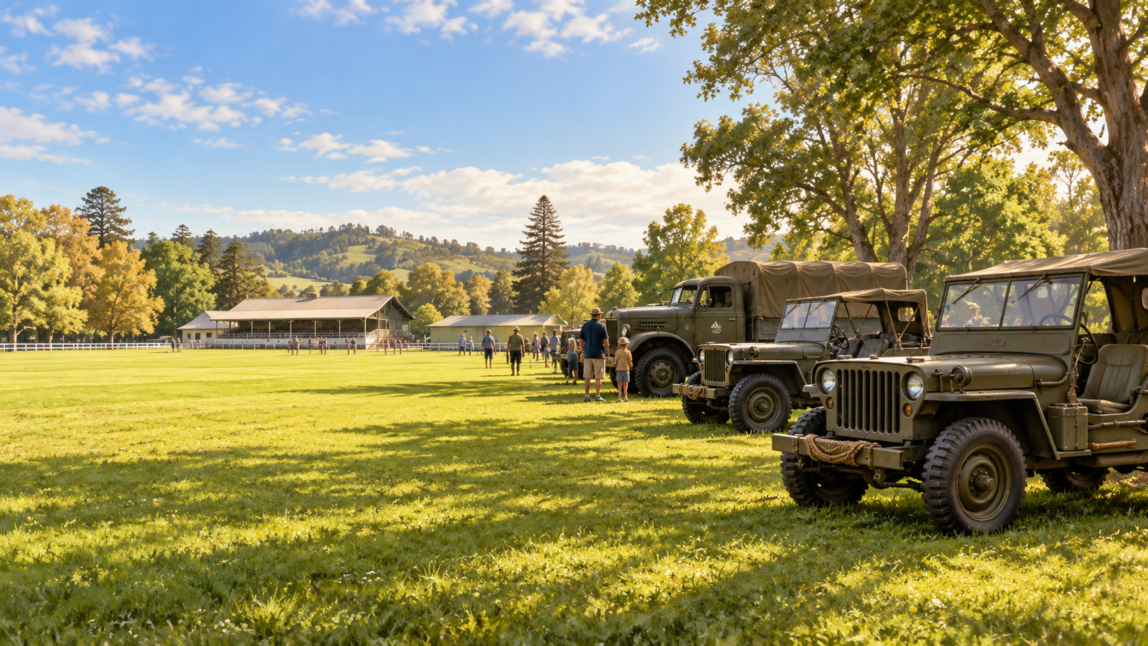 Illustration of vintage military vehicles and visitors at the showgrounds